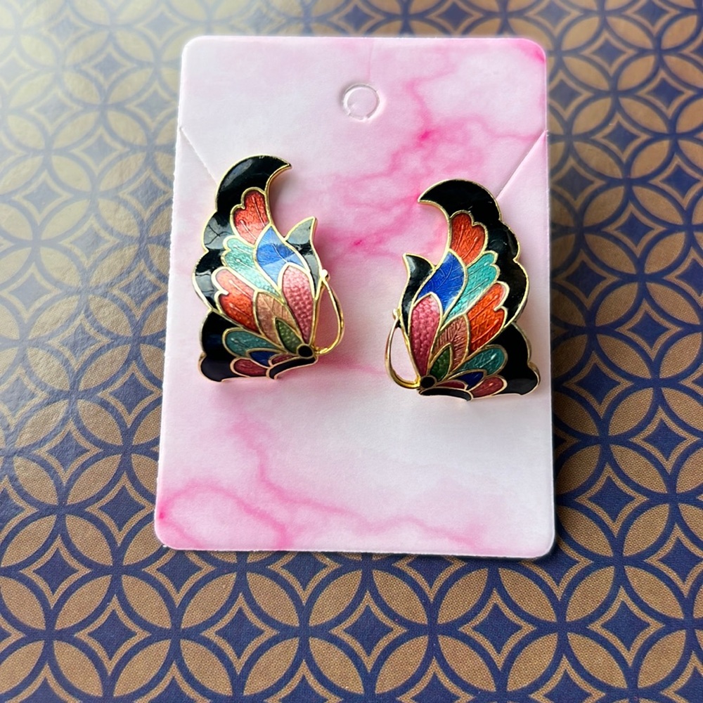 Vintage Butterfly Cloisonné Earrings, black pink goldtone, 80s 90s style
